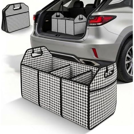 Organisateur de coffre pliable 53 L – Boîte de rangement multi-compartiments avec séparateurs – Organisateur de coffre pliable pour voiture, SUV et usage domestique – Motif à carreaux noir et blanc (1/5)