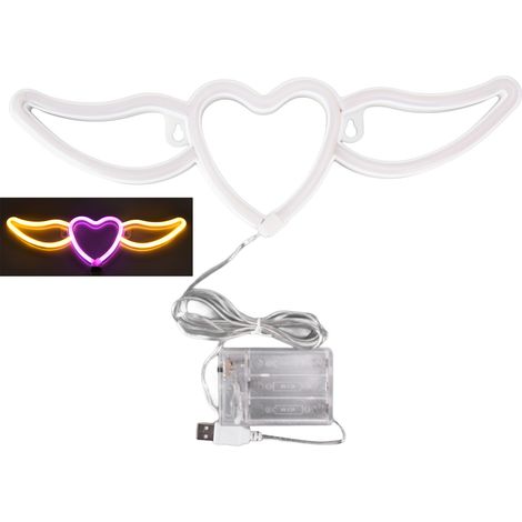 veilleuse-【Éclairage Neon Cœur】 avec ailes - Lampe LED sécurité pour mariage, Saint Valentin, décoration murale (USB et batterie) - Lumière blanc chaud ou rose (1/5)