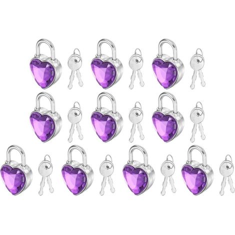 10x Mini cadenas forme cœur violet avec 2 clés