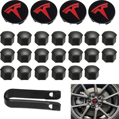 Rotes Radnaben- und Radmutternabdeckungsset mit Tesla-Logo, 4 h