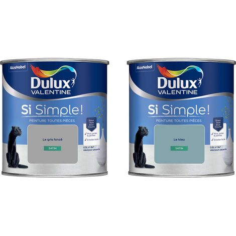 Dulux Valentine Peinture Si Simple Lot de 2 Peinture Intérieure Toutes Pièces Satin - Peinture Murs et Plafonds, Portes et Plinthes - Couleurs : Le Gris Foncé & Le Bleu 0,5 L