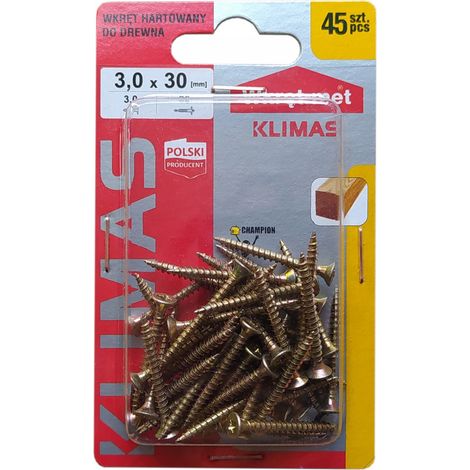 Vis Bois Trempées Klimas, 3 x 30 mm, Tête Fraisée PZ1, Zinguées, Blister 45 Pièces