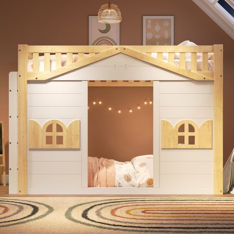 Lit superposé cabane enfant 90x200 cm,fenêtres,espace bas modulable,échelle réversible,pin massif et MDF blanc naturel (1/5)