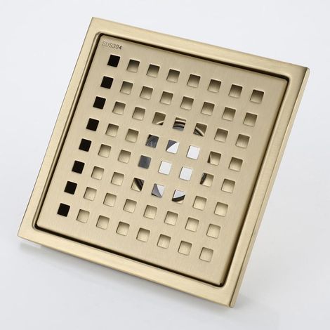 Bonde de douche carrée en acier inoxydable doré 15x15cm, avec couvercle, noyau désodorisant en laiton, finition or brossé [Classe énergétique A] (1/5)