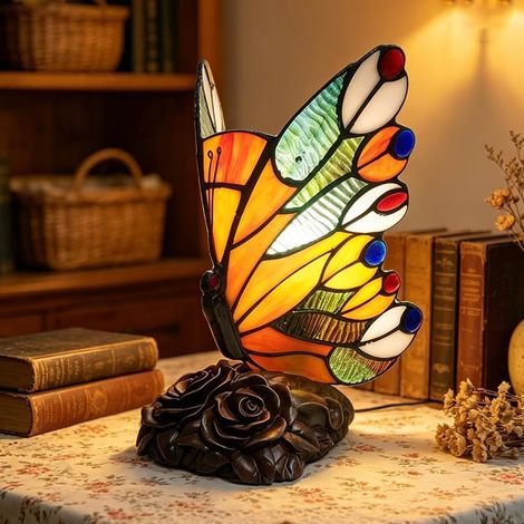 Lampe de table style Tiffany E27, lampe de table style vitrail vintage, veilleuse à motif papillon, lampe de chambre d'enfant aux détails artistiques, veilleuse pour le salon, ampoule non incluse. (1/5)