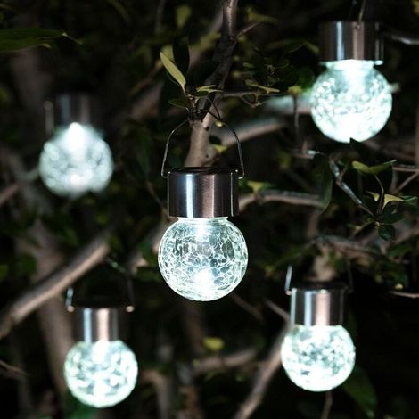 Lot de 8 lustres solaires en forme de boule de verre à LED, éclairage d'extérieur en rotin, luminaires d'ambiance suspendus pour jardin (lumière blanche froide)
