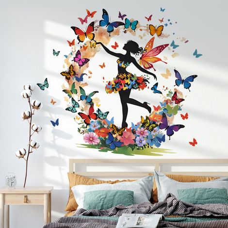 Stickers muraux papillon Décalque mural fée fleurie Décor floral coloré papillons colorés pour chambre de bébé d'enfant (1/5)