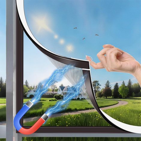 Moustiquaire magnétique pour fenêtre, 130x150cm, fibre de verre durable, taille ajustable faite maison, sans perçage/cadre amovible, ventilation optimale et vue dégagée. (1/5)