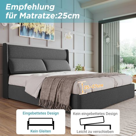 Lit 2 places 160x200cm en lin gris avec têtes relevables, sommier à lattes métal, coffre de rangement hydraulique, sans matelas. (1/5)
