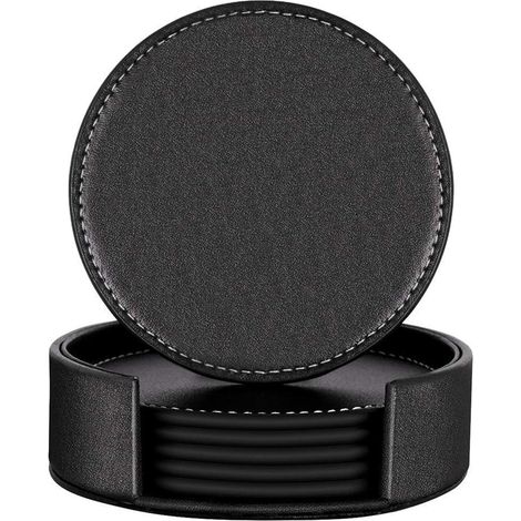 Dessous de Verre Carré Cuir Dessous-de-verre pour les fêtes de Coffee Bar Pub Tasse Tapis Dessous-de-verre Lot de 6 dessous de verre avec support Black-round