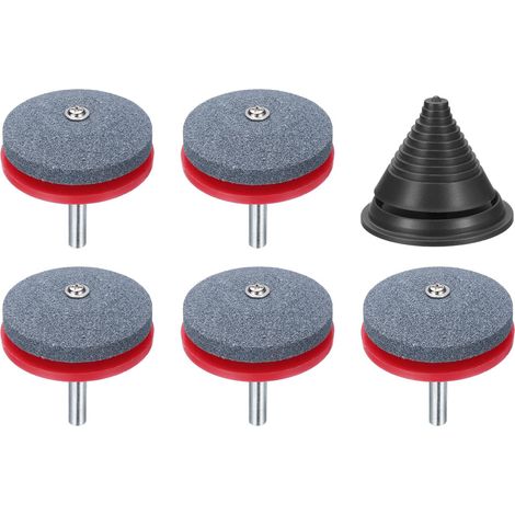 Afilador de cuchillas para cortacésped, 5 piezas giratorias de corindón con soporte de plástico y equilibrador de cuchillas negro para taladro eléctrico. (1/5)