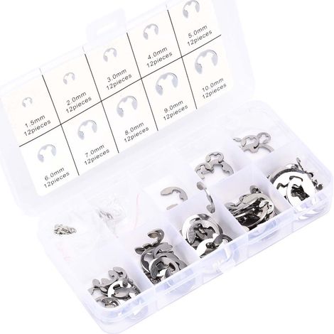 120 bagues de retenue type E en acier inoxydable 304, lot de M1.5 à M10, circlips ouverts en boîte (1/5)