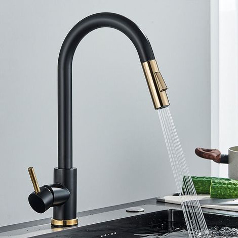 Robinet Cuisine,Mitigeur Cuisine Rotatif À 360°,Robinet Cuisine Douchette Mitigeur Cuisine Noir Avec 2 Modes,Robinetterie De Cuisine Haute Pression,Mitigeur Cuisine Avec Douchette (1/4)