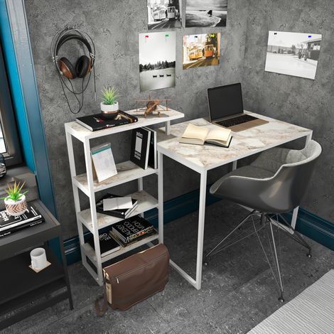 Decorotika Rino Writing Desk With Storage Shelves Study Desk Workstation For Home Office industrial Style - Blanc Marble Effect And Blanc (1/4)