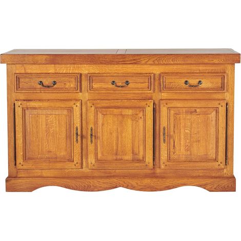 Hellin – Bahut en chêne massif 3 portes 3 tiroirs – Dimensions L 188 x P 54 x H 110 cm – Finition patinée chêne clair ou moyen (1/5)