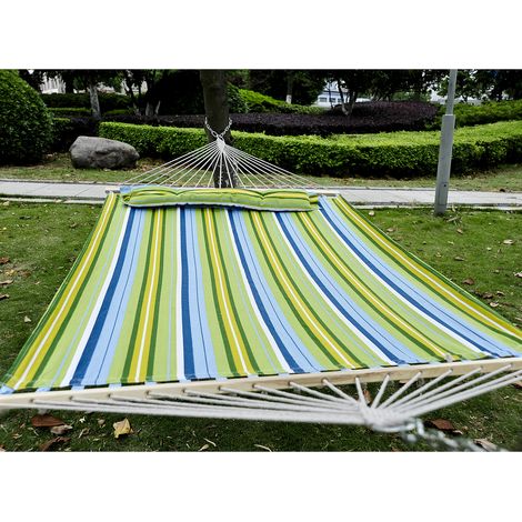 Hamaca Colgante de Jardín para 2 Personas Hamaca Ecológico para Camping con Almohada Carga de 180 kg Rayas Azules y Verdes 3,4x1,4m (1/5)