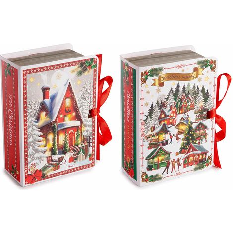 Scatole di Natale in carta a forma di libro con chiusura a nastro decorate con stampa villaggio innevato natalizio, set da 30 pezzi, cm 9 x 13 x 4,5 H