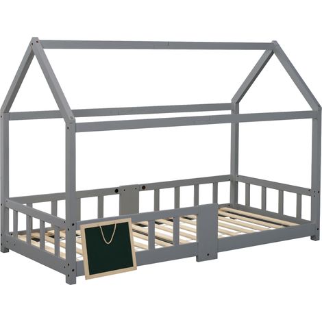 Letto casetta per bambini 90 x 200 cm in pino grigio con lavagna e rete (1/5)