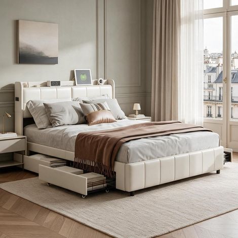 Lit double 140×200 cm  – Lit adulte – 4 tiroirs  – port USB  – Sommier à lattes – PU blanc (1/5)