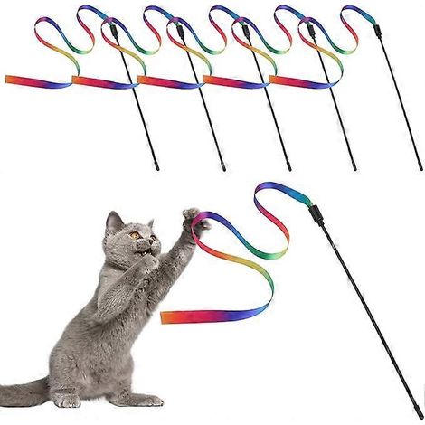 Lot de 5 baguettes interactives pour chat - Bâtonnets en tissu colorés avec ruban, jouet interactif pour chat d'intérieur (1/5)