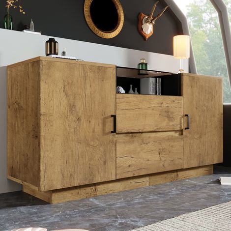 Aparador (140x40x70 cm), con 2 cajones, 2 armarios y hueco abierto, vidrio ESG tintado, madera y metal, roble (1/5)