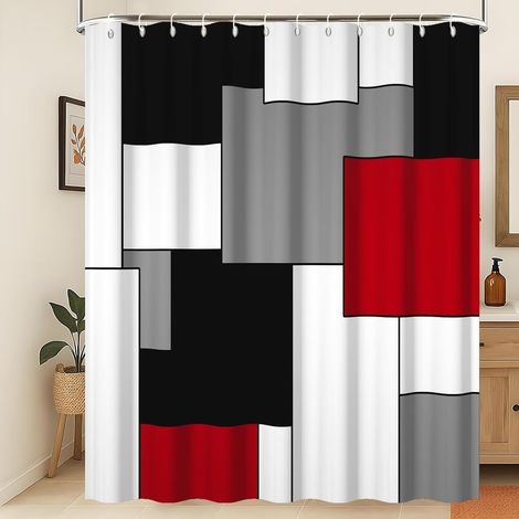 Rideau de Douche géométrique Rideau de Douche Rouge et Noir Art Abstrait Moderne Rayures carrées colorées Rideaux de Douche lavables pour la décoration de la Salle de Bain 150x200cm (1/5)