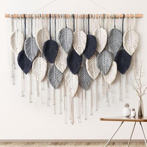 Grande Tapisserie Murale en Macramé à Plumes Style Bohème Chic Faite à la Main Feuilles Tissées Pour Décoration de Chambre à Coucher Salon Appartement Porche, 100cm (1/5)