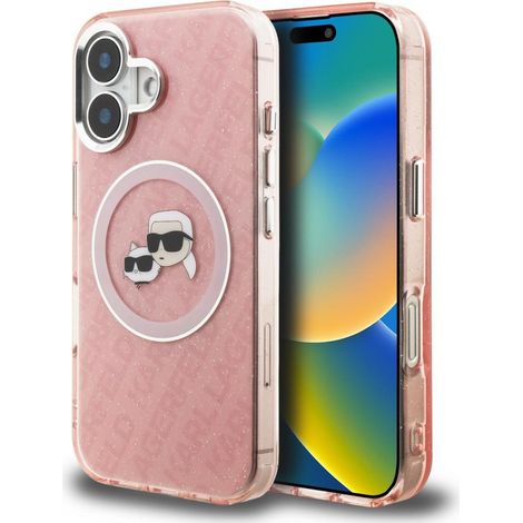 Funda MagSafe Karl Lagerfeld IML Glitter Karl & Choupette Heads para iPhone 16, color rosa. (1/5)