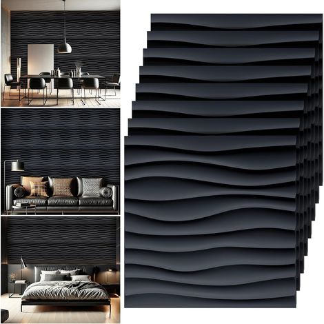 Lot de 30 panneaux muraux 3D en PVC avec motif vagues 30 x 30 cm Papier peint imperméable pour intérieur de salon, chambre à coucher (noir) (1/5)