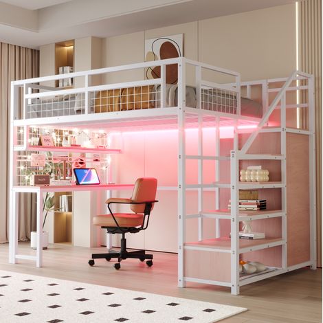 Lit mezzanine en métal et MDF blanc 140x200 cm avec bureau, étagère, escalier de rangement et éclairage