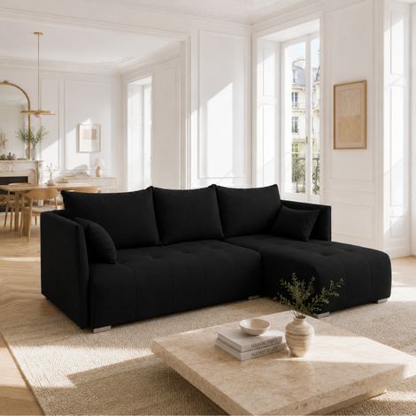 NESIA - Canapé d'angle convertible 4 places en tissu - 215 cm - avec coffre de rangement - Noir (1/5)