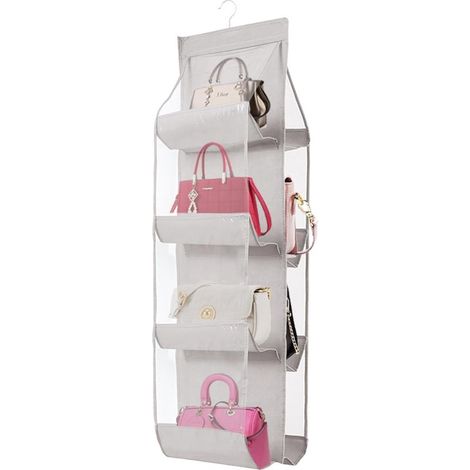 Handtaschen-Organizer – 8 transparente Fächer – Material: Polyester und PVC – Für Kleiderschrank und Garderobe – 44,5 cm (L) x 13,5 cm (B) – Hellgrau – 1 Stück (1/5)