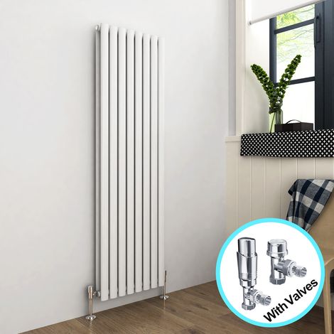 ELEGANT Vertical Radiator 1600 x 472mm Double Panel Designer White Oval Column Heating Rad with Chrome Thermostatic Radiator Valves (1/5)