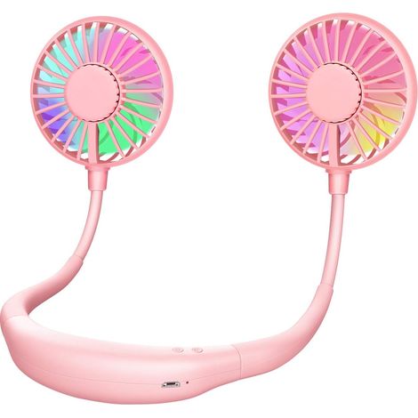 Petit ventilateur de cou USB, 2 modes, lumières LED, 3 vitesses et réglage à 360 degrés (rose) (1/5)