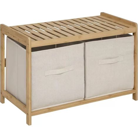 Banc de rangement avec 2 paniers en bambou coloris marron - Longueur 66 x Profondeur 44 x Hauteur 35 cm (1/5)