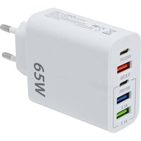 Cargador USB-C rápido, adaptador multi-USB de 5 puertos y 65 W, cargador rápido QC3.0 para iPhone 14/13/12/11/XS/X, Samsung Galaxy S23 S22 S21 - Crezuo