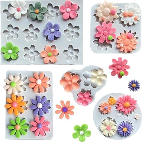 Set mit 5 Silikonformen für Blumen (Schokolade), gänseblümchenförmige Silikonform (Fondant), Polymer Clay, Harz, Seife, Eiswürfel, Gelatine (für Gebäck und Dekoration).