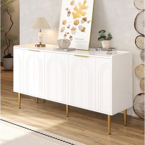 Buffet 140x38x75 cm blanc en MDF avec 4 portes, étagères réglables et pieds métalliques dorés (1/5)