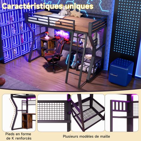 Lit mezzanine 90x200 cm, cadre en fer noir, avec éclairage LED, prise intégrée, penderie, bureau, rangements et étagères, espace ouvert sous le lit, sans matelas. (1/5)