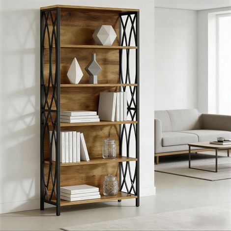 Librería abierta 80 x 28 x 180 cm en MDF y metal negro y marrón HAVRYA (1/5)