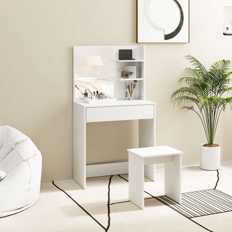 Blanc - Station maquillage avec 3 étagères et tiroirs avec miroir et tabouret assorti, coiffeuse maquillage en carton comprimé, 75x40x137 cm