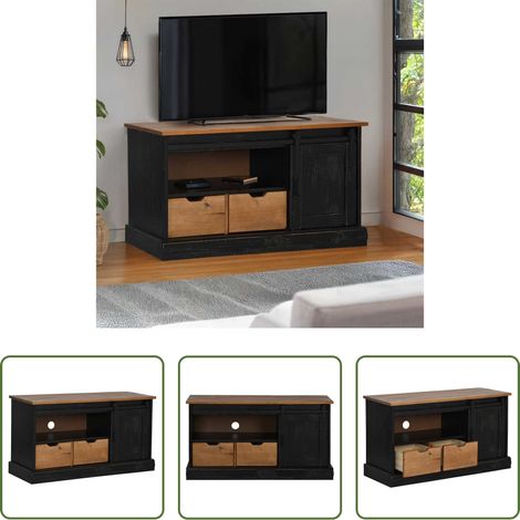 vidaXL Meuble de rangement - Meuble TV HALDEN porte coulissante noir 110x40x60cm bois massif (1/5)