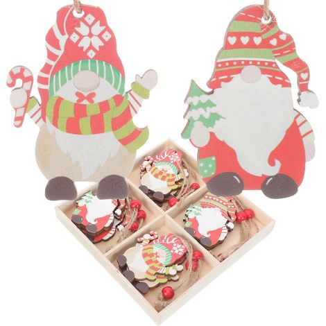 Lot de 12 pendentifs en bois représentant des gnomes de Noël et le Père Noël. Décorations de Noël.-13.8x13.8cm-Colorful