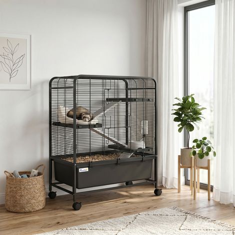 Cage pour Rongeurs sur Roulantes, 4 Niveaux, 3 Plateformes, 3 Rampes, Bouteille d'Eau, 75x46x94,5cm, Noir (1/5)