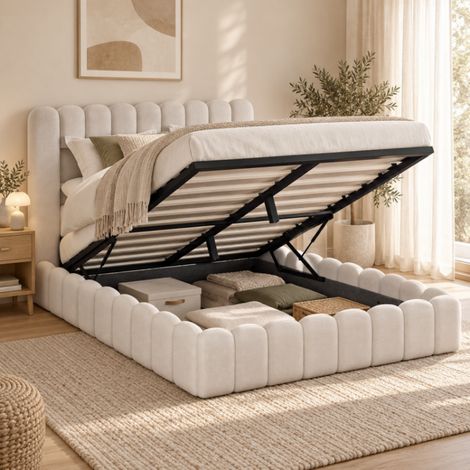 Lit double rembourré 140x200, Cadre avec Étagères de Rangement en hydraulique, cadre de lit avec tête de lit, Lit coffre et sommier à lattes, lit capitonné, sans matelas, avec LED et USB/Type C (1/5)