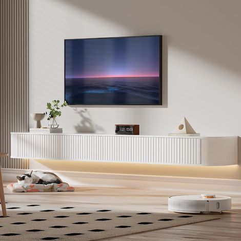 Meuble TV Suspendu Flottant avec Lumières LED RGB – Meuble TV Mural Moderne Blanc 200 cm Longueur, Profondeur 31 cm pour Rangement Amélioré, pour Téléviseurs 75 à 85 Pouces (1/5)
