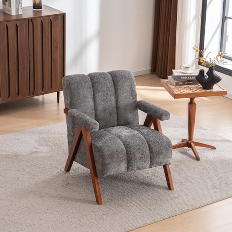 Poltrona 68x61x35 cm grigia in legno massello con rivestimento bouclé e braccioli (1/4)