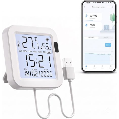 Thermomètre Connecté WiFi, Thermomètre Hygromètre avec Application pour Température et Humidité, Surveillance à Distance, Alertes Intelligentes, Historique des Données pour Maison (1/5)