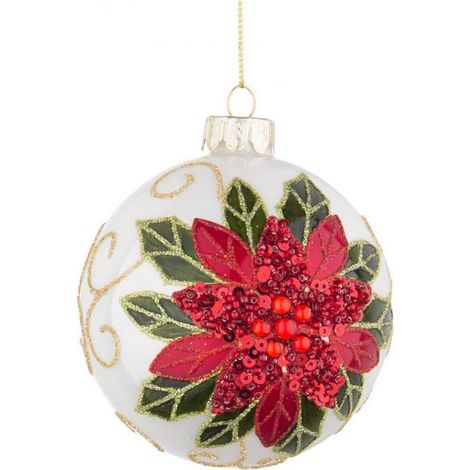 Palline per albero di Natale in vetro Poinsezia Rosso e Bianco con pendaglio Tinta Unita -6 pezzi da Ø 8 cm