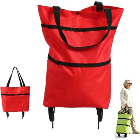 Chariot de courses pliable 2 en 1 avec roulettes et sac pliable grande capacité léger et facile à transporter (bleu rouge) (1/5)
